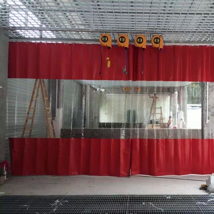 Industrial Blue Curtain Wall Partition with Clear Vision Strip Warehouse PVC Curtains Garage Wash Bay Curtains